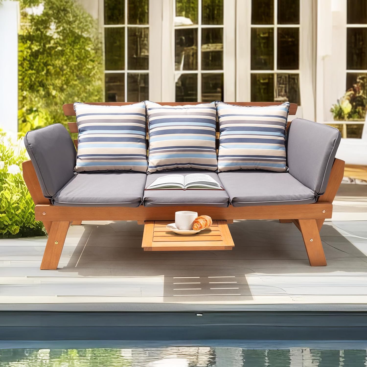 IDZO Amelie Outdoor Daybed Sofa: 750lbs Max Weight Support, Sleeper Chair with Armrest, Coffee Tray, 3 Pillows, FSC Wood, Gray, Ideal for Outdoor Couch