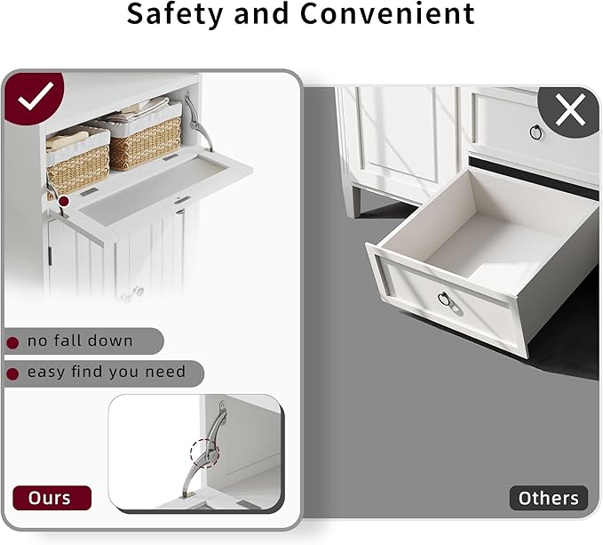 Zalorin Bathroom Floor Storage Cabinet with Flip Glass Drawer, Bathroom Cabinets Freestanding with 2 Doors Adjustable Shelf & Open Storage for Bathroom, Living Room, Hallway, White