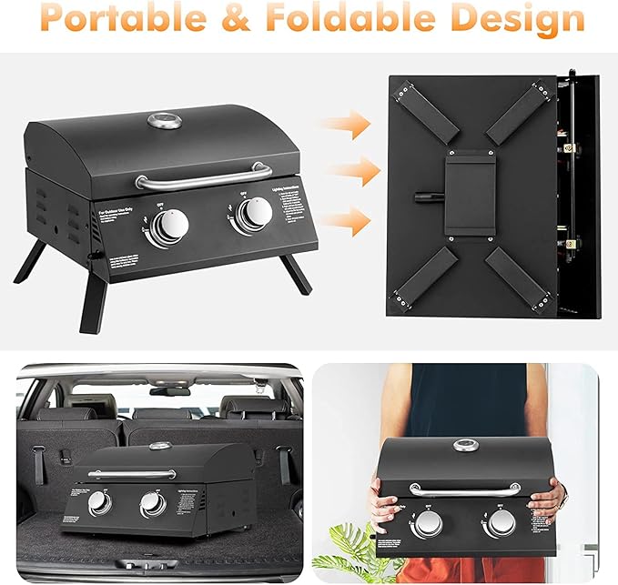 Zalorin Portable Gas Grill, Small Foldable Tabletop Propane BBQ Griddle w/Grease Tray, Thermometer, 20,000 BTU / 243 Sq.in Cooking Area, 2 Burner Gas Grill for Outdoor Camping, Tailgating
