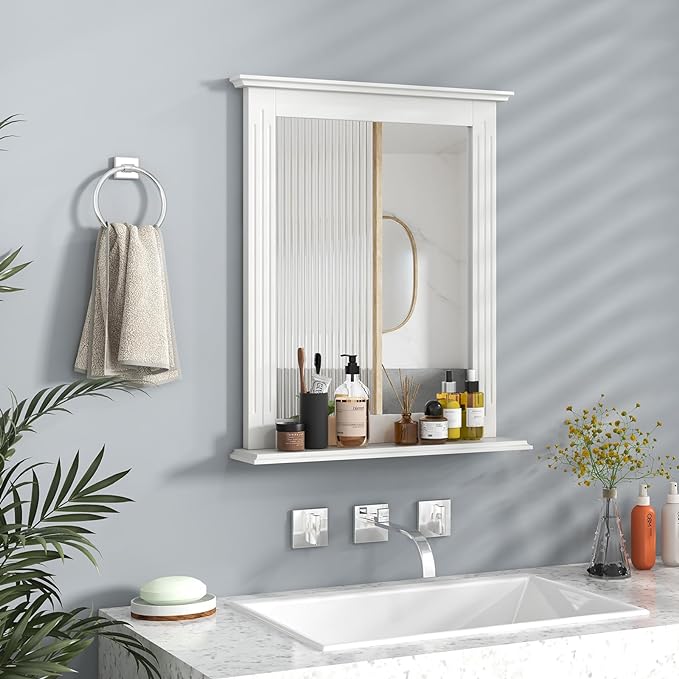 Zalorin Bathroom Wall Mirror with Shelf, Square Makeup Mirror Wall Hanging Mirror, Vanity Mirror for Dressing Room Washroom Bedroom, Modern Concise Wall Mounted Mirror (White)