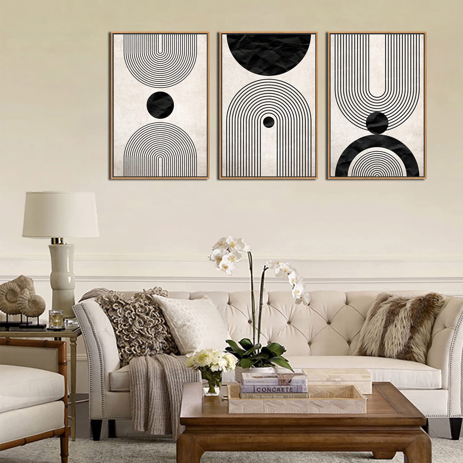 Zalorin Framed Wall Art Canvas Set Mid Century Boho Pictures Modern Abstract Geometric Wall Decor Minimalist Black Beige Bohemian Canvas Painting Artwork for Living Room Bedroom Office 16"x24"x3 Natural