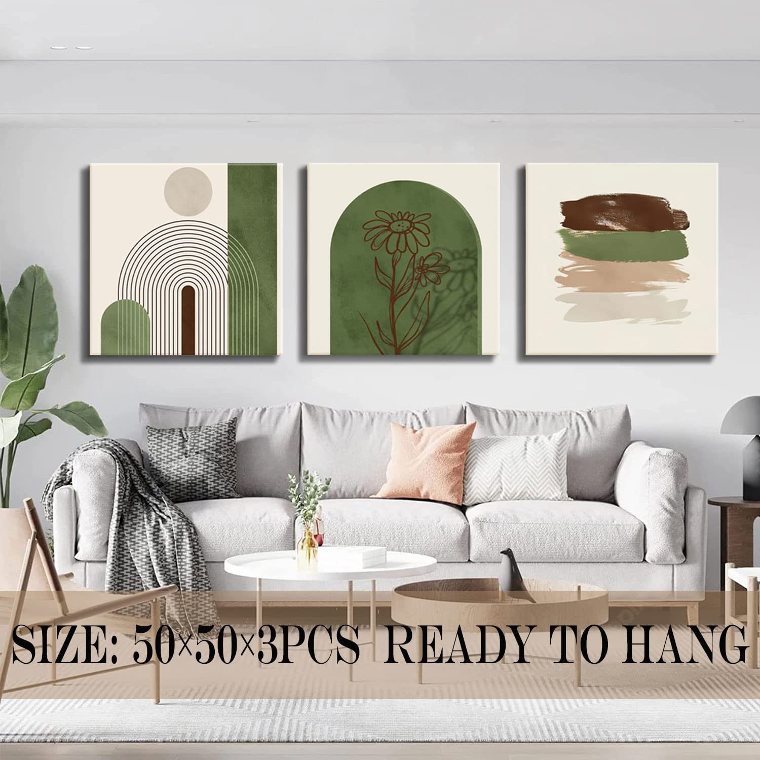 Zalorin  Sage Green Boho Wall Art Set of 3 Framed Geometric Line Canvas Beige Green pictures for Wall Boho Prints Sage Green Posters for Living Room, Bedroom, Bathroom, Office Wall Decor20"W*20"H*3