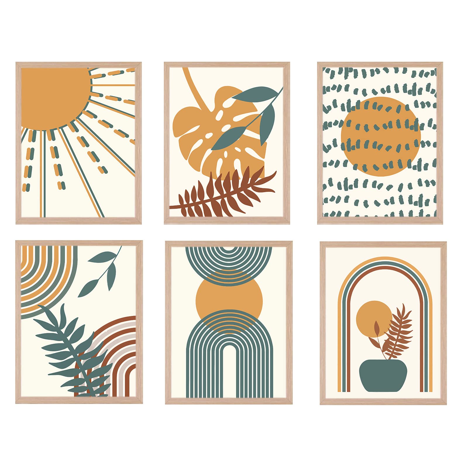 Zalorin Boho Wall Art Set of 6 Minimalist Mid Century Wall Art Prints Unframed Geometry Line Art Sun Plant Leaf Abstract Modern Artwork Poster Boho Decor for Living Room Bedroom Office 8x10 Inch
