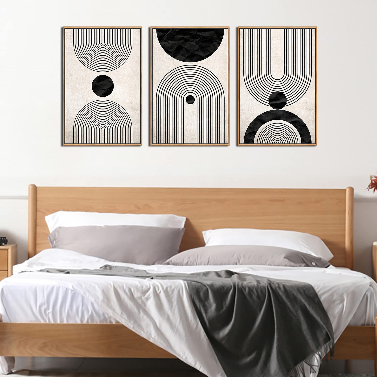 Zalorin Framed Wall Art Canvas Set Mid Century Boho Pictures Modern Abstract Geometric Wall Decor Minimalist Black Beige Bohemian Canvas Painting Artwork for Living Room Bedroom Office 16"x24"x3 Natural