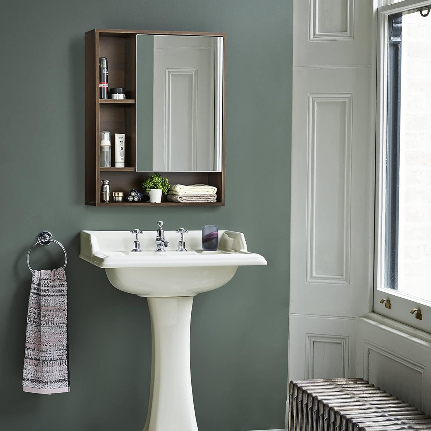 Zalorin Bathroom Wall Mirror Cabinet, Medicine Cabinet with Single Door and Adjustable Shelf, Over The Toilet Space Saver Storage Cabinet, Walnut