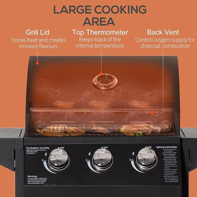 Zalorin 3 Burner Gas Grill, Portable Propane Grill with Wheels, Outdoor Carbon Steel Barbecue Trolley with Warming Rack, Side Shelves, Storage Cabinet, Thermometer, Black