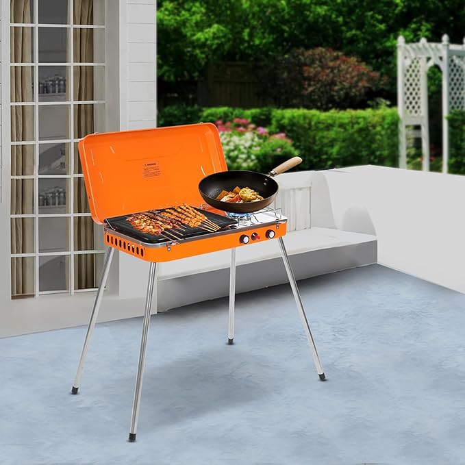Zalorin Portable Gas Grill Cooker, Camping Stove, Outdoor Stove Portable Propane Burner Gas Cooker for Camping BBQ Picnic Camping Cooking Orange