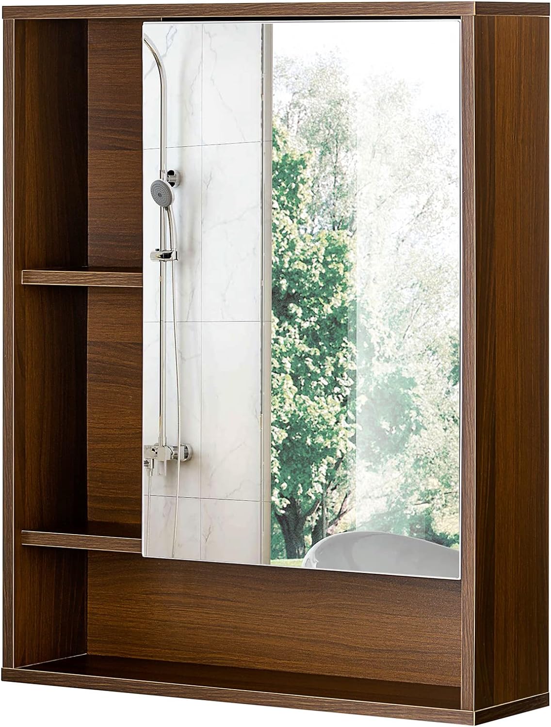 Zalorin Bathroom Wall Mirror Cabinet, Medicine Cabinet with Single Door and Adjustable Shelf, Over The Toilet Space Saver Storage Cabinet, Walnut