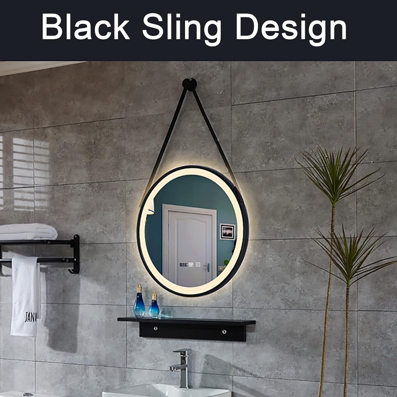 Zalorin LED Bathroom Mirror Round with Sling Bathroom Vanity Mirror Waterproof Wall Mounted Vanity Mirror Solid LED Mirror with Brightness Memory, Dimmable (Color : Warm Light, Battery *1 : 60X60CM)