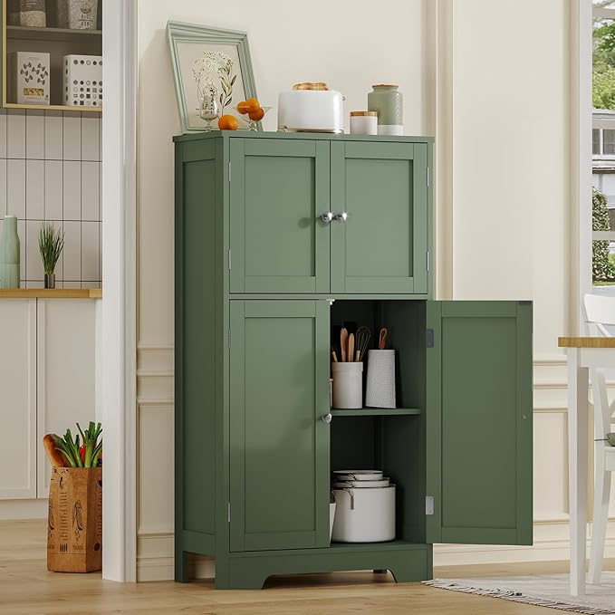Zalorin Bathroom Cabinet, Storage Cabinet with 4 Doors & 2 Adjustable Shelves, Cupboard for Living Room, Entryway, Office, Forest Green