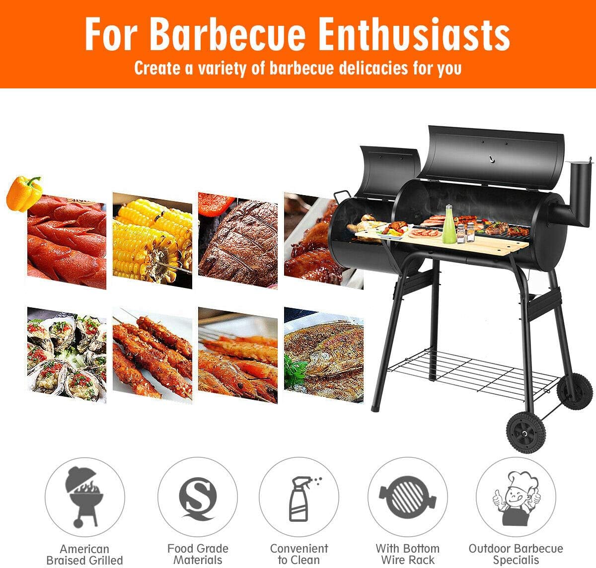 Zalorin Grill Charcoal BBQ Reduce Offset Smoker Barbecue Steel Outdoor Patio Backyard Stainless