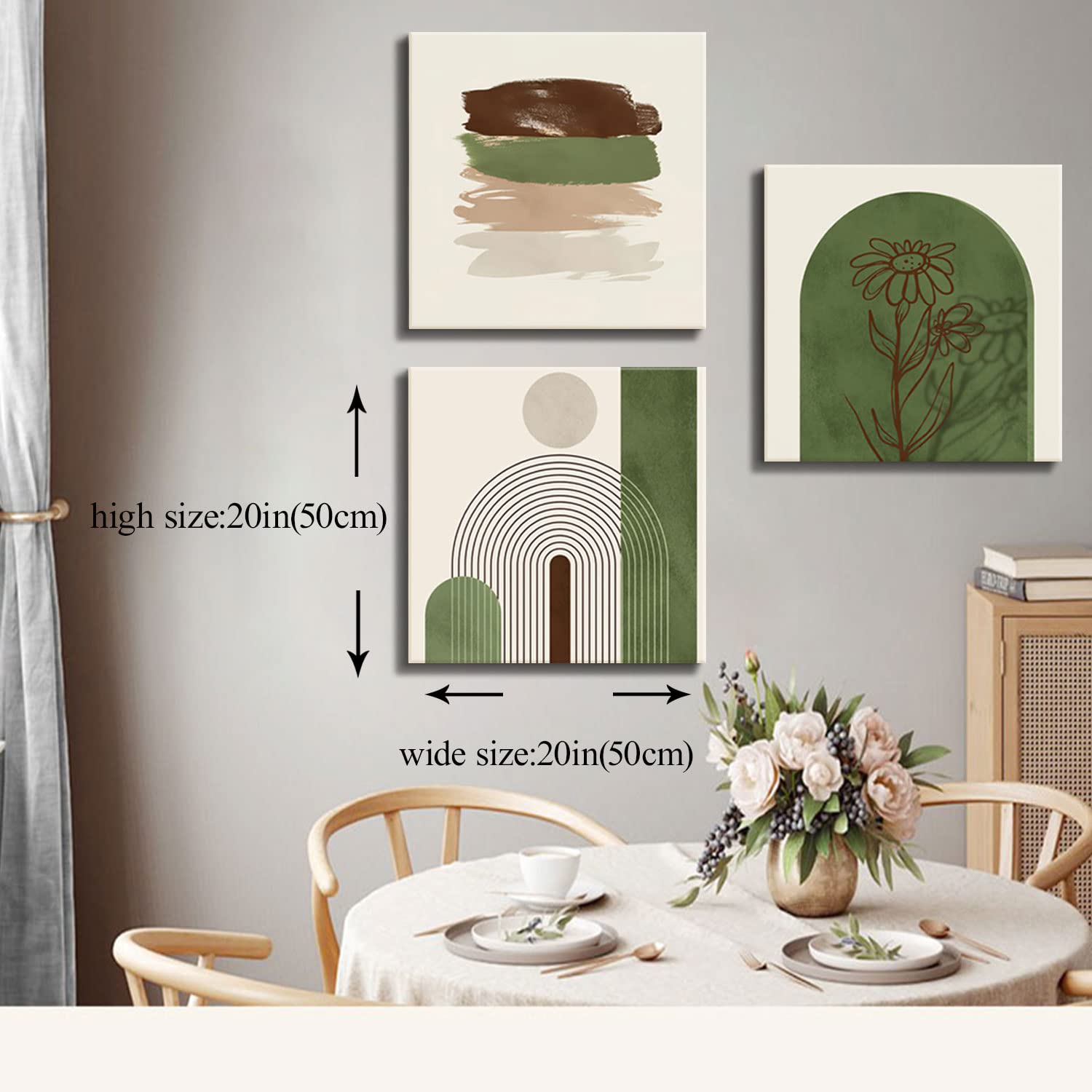 Zalorin  Sage Green Boho Wall Art Set of 3 Framed Geometric Line Canvas Beige Green pictures for Wall Boho Prints Sage Green Posters for Living Room, Bedroom, Bathroom, Office Wall Decor20"W*20"H*3