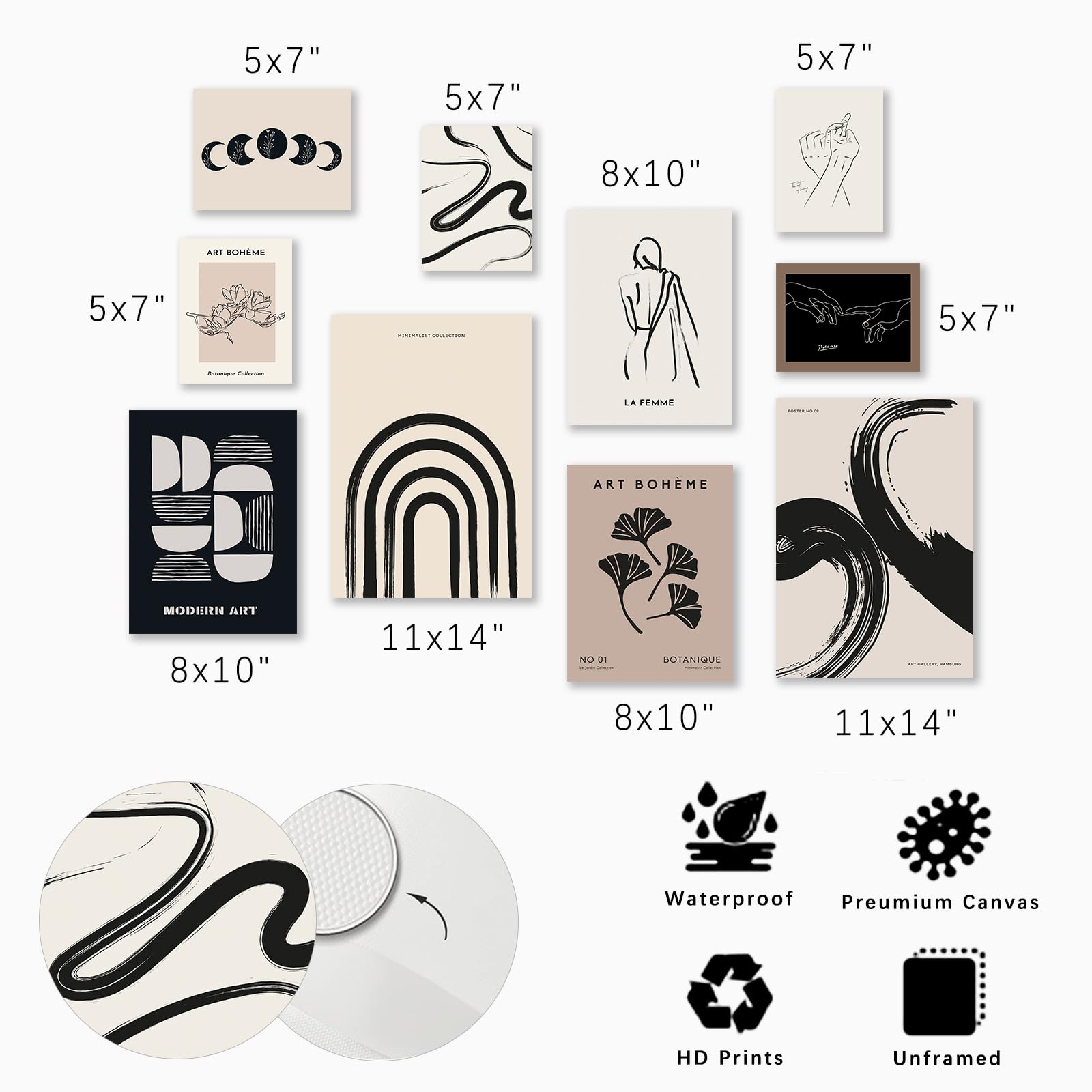 Zalorin Minimalist Boho Eclectic Wall Art Prints,  10 PCs Boho Wall Decor Abstract Neutral Black Beige Women Body Line Flower Canvas Painting Poster,Gallery Picasso Picture Eclectic Home Decor for Room