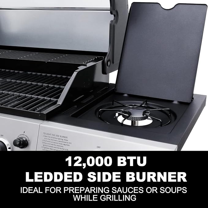 Zalorin Liquid Propane Gas Grill, Stainless Steel BBQ Grill High Performance 3 Burners with Side Burner, 48,000 BTU Cart Style Perfect Patio Garden Picnic Backyard Barbecue Grill.