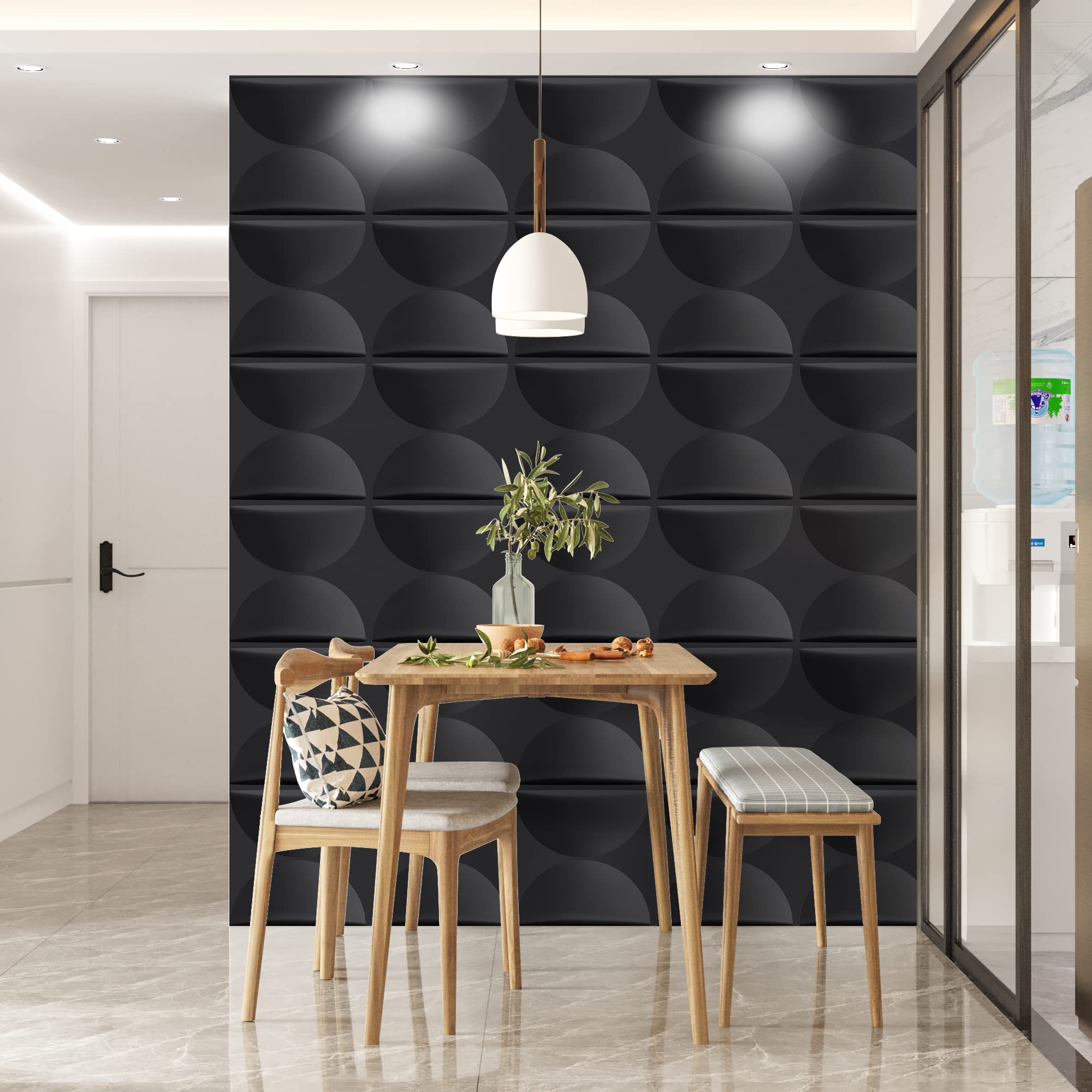 Zalorin 3D Wall Panels, Black Semicircle Textured Wall Panels for Interior Wall Decor, Comes with a Roll of Peel and Stick Tape, Pack of 12 Tiles 32.34 sq. Ft