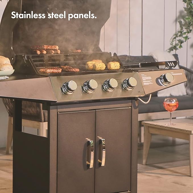 Zalorin Gas BBQ, 4+1 Burner Gas Barbecue with Warming Rack, Side Burner, Temperature Gauge, Cabinet Storage, 4 Wheels, Portable, Steel & Chrome, Grill Meat, Fish, Veg in Your Garden Outdoor Space