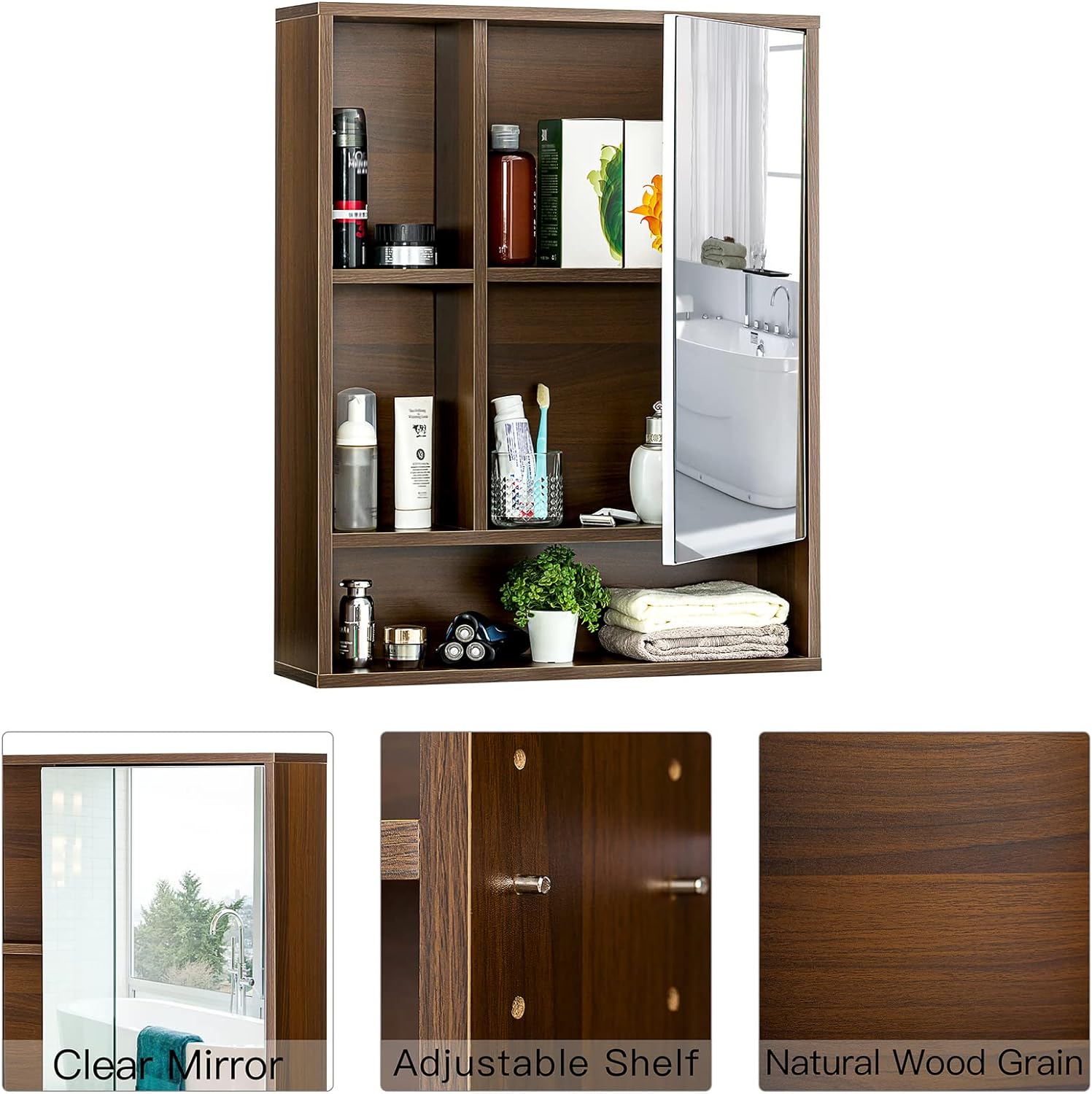 Zalorin Bathroom Wall Mirror Cabinet, Medicine Cabinet with Single Door and Adjustable Shelf, Over The Toilet Space Saver Storage Cabinet, Walnut