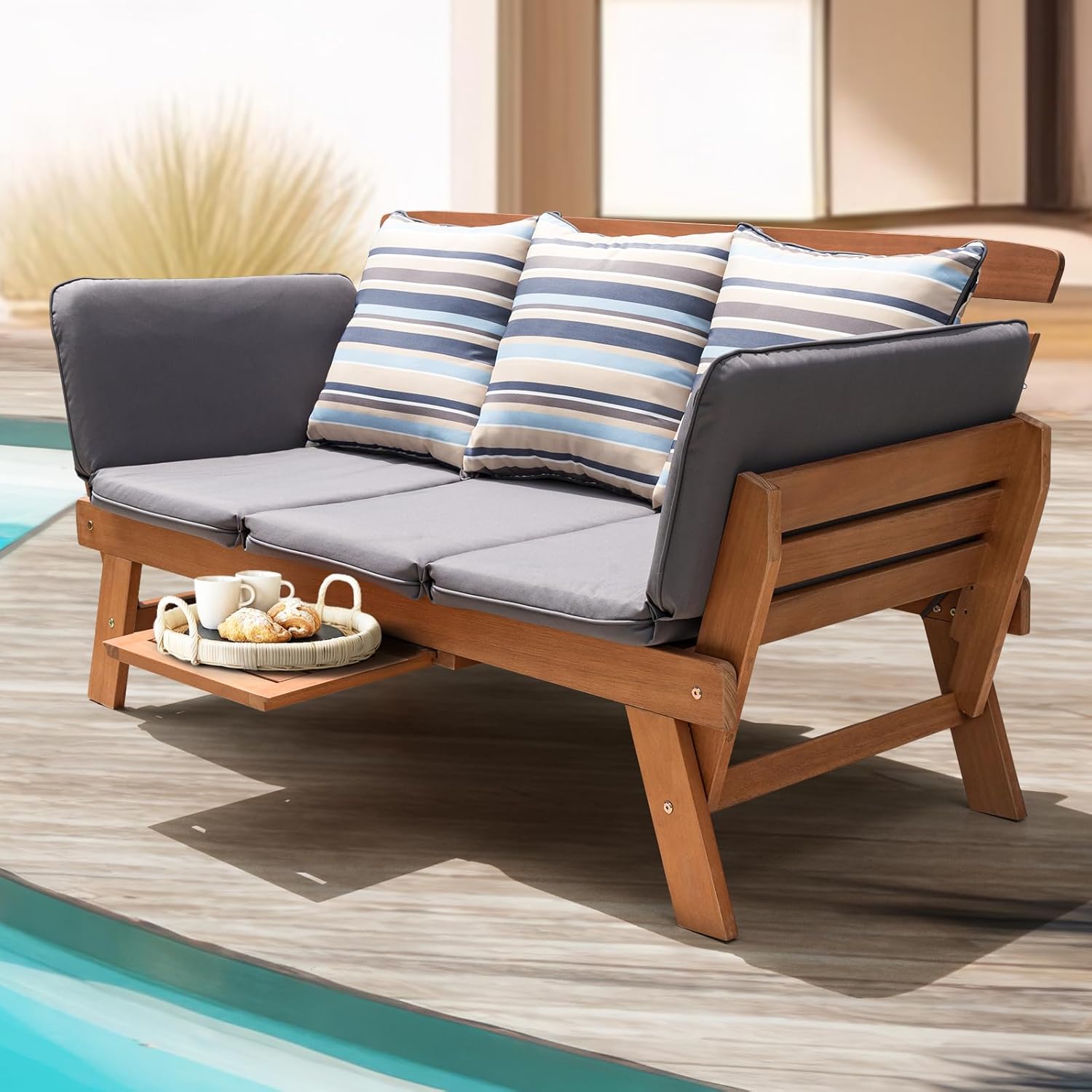 IDZO Amelie Outdoor Daybed Sofa: 750lbs Max Weight Support, Sleeper Chair with Armrest, Coffee Tray, 3 Pillows, FSC Wood, Gray, Ideal for Outdoor Couch