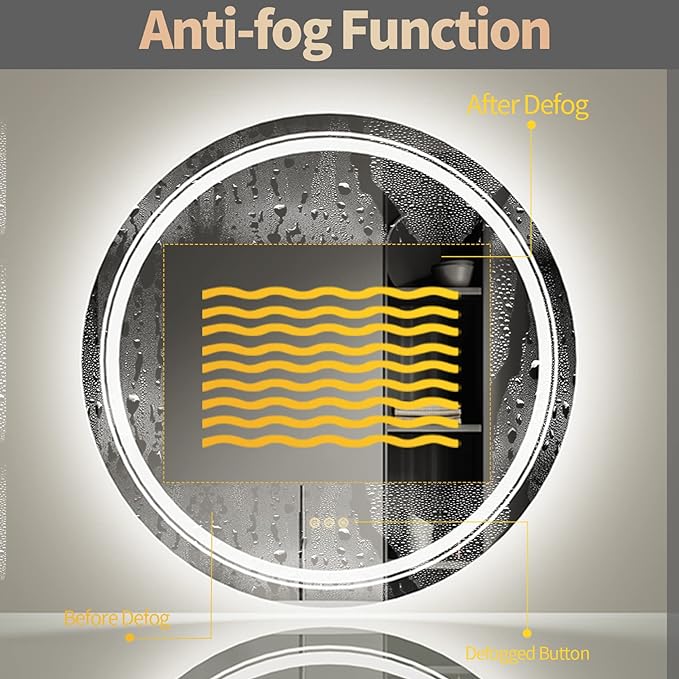 Zalorin LED Bathroom Wall Mirror: 24 Inch Round Anti-Fog Smart Mirrors with Dimmable Front Light & Backlit - CRI95 Lighted Makeup Mirror with Memory for Vanity