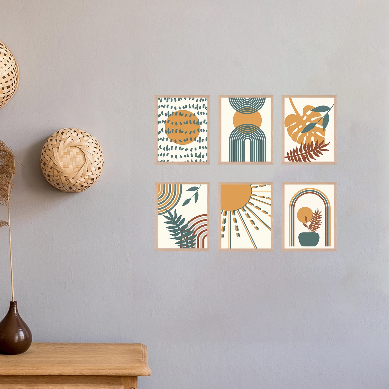 Zalorin Boho Wall Art Set of 6 Minimalist Mid Century Wall Art Prints Unframed Geometry Line Art Sun Plant Leaf Abstract Modern Artwork Poster Boho Decor for Living Room Bedroom Office 8x10 Inch