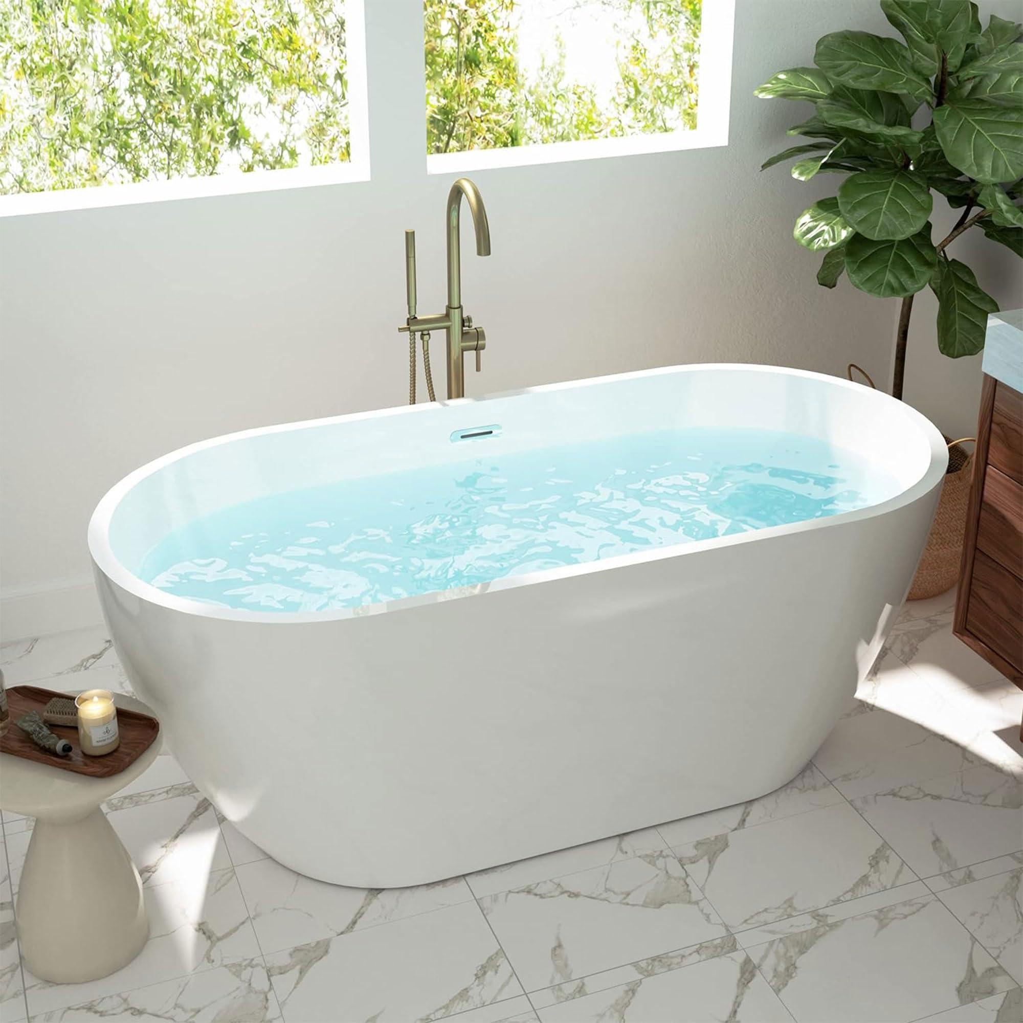 Zalorin 59" Acrylic Freestanding Bathtub, Gracefully Shaped Freestanding Soaking Bathtub, Toe-Tap Chrome Drain and Classic Slotted Overflow Included, Glossy White