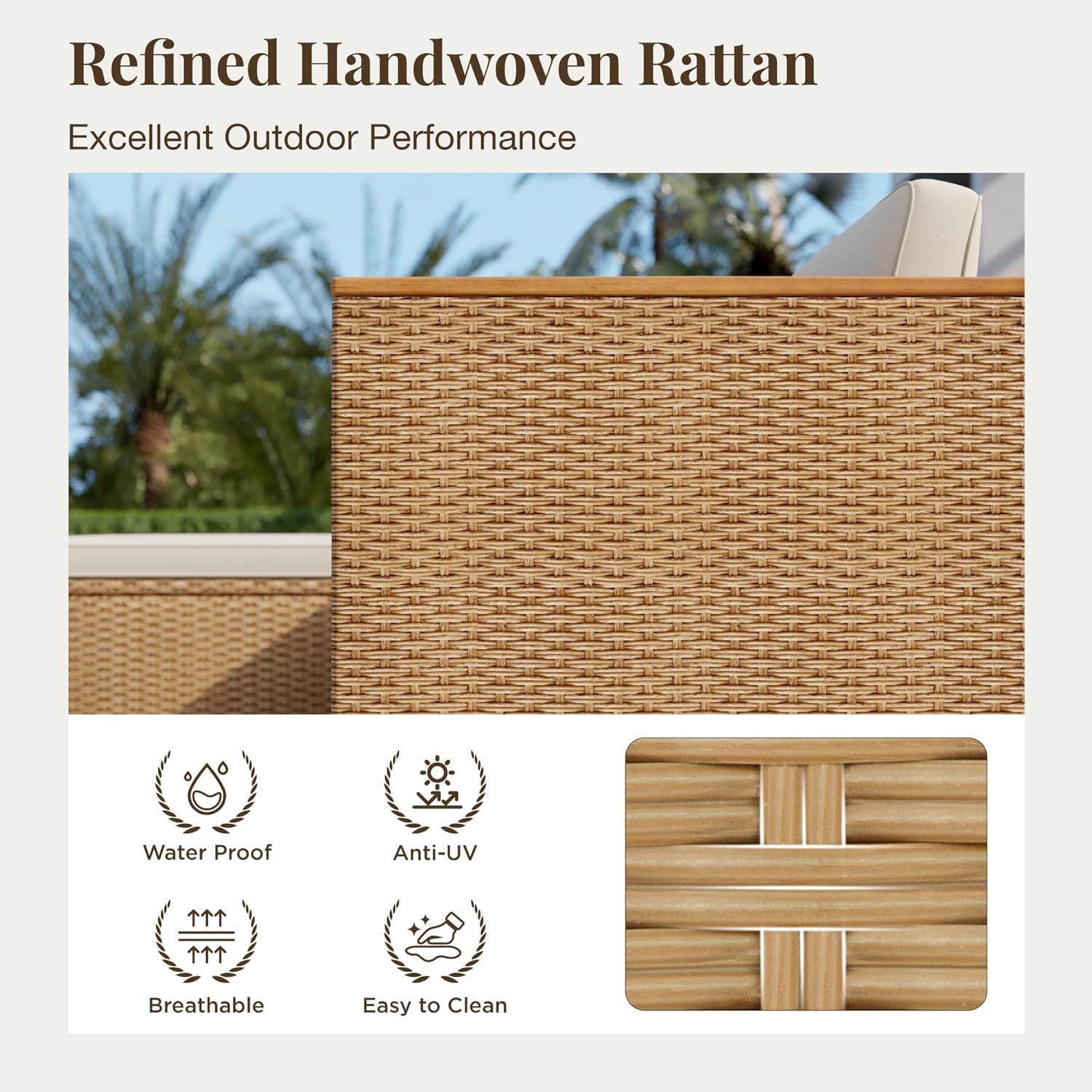 IDZO Wicker Outdoor Patio Furniture Set 3 Pieces Patio Chaise Longue Conversation Set, Rattan L-Shaped Sofa Couch with Acacia Wood Coffee Table for Deck Porch and Garden