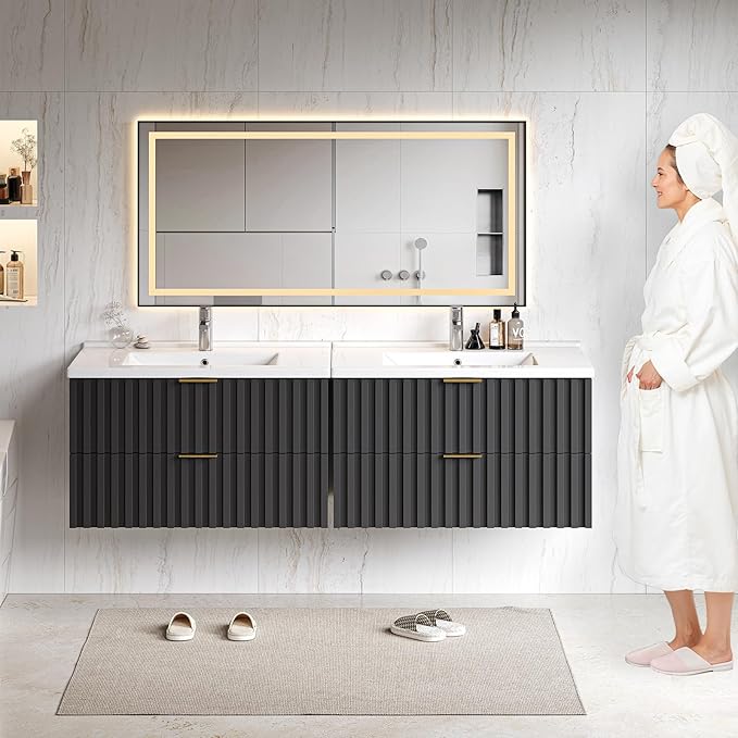 Zalorin 30 Inch Bathroom Vanity with Sink Combo, Floating Bathroom Vanity with 2 Fluted Drawers & Metal Handle, Modern Wall Mount Storage Cabinet with Ceramic Integrated Sink for Small Space (Black)