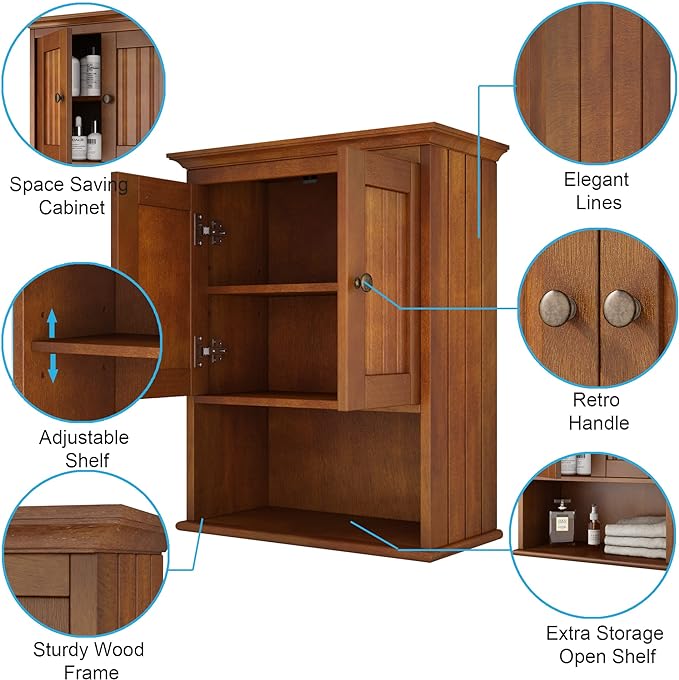 Zalorin Treocho Wood Wall Cabinet, Bathroom Medicine Cabinet Storage with Doors and Adjustable Shelf, Rustic Cabinet Wall Mounted for Bathroom, Livingroom, Kitchen, Cupboard, Reddish Brown