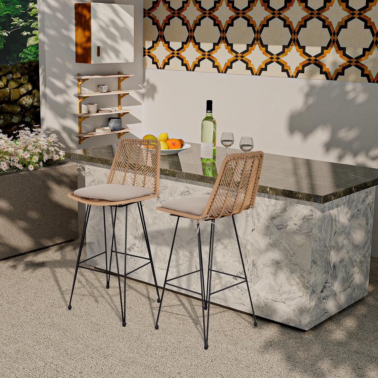 IDZO Outdoor Rattan Bar Stools Set of 2, 42-Inch Tall with 400lbs Weight Endurance, Featuring a Steel Frame and Comfort Cushions, Ideal Outdoor Bar Stools and Kitchen Island