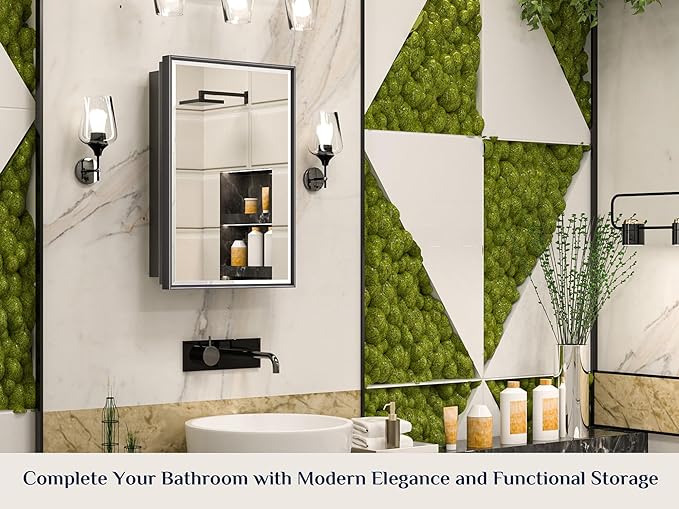 Zalorin 17" x 25" Black Medicine Cabinets for Bathroom with Mirror Recessed or Surface Wall-Mounted Aluminum Alloy Framed Beveled Mirror, Single Door Metal Bathroom Vanity Mirror with Storage Cabinet