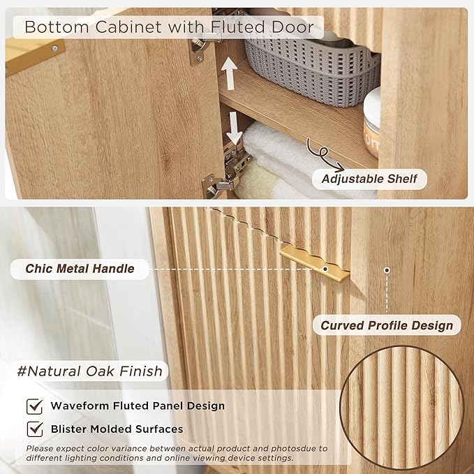 RedLemon 68" Tall Bathroom Narrow Storage Cabinet with Adjustable Shelf, Drawer & Faux Marble Top, Curved Profile Linen Tower for Bathroom, Living Room, Kitchen, Natural Oak Color