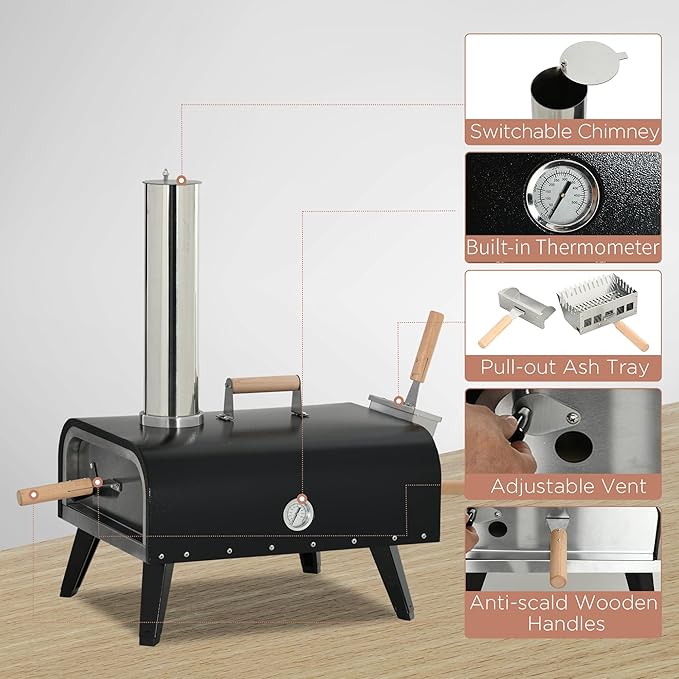 Zalorin Portable Wood-Fired Pizza Oven with Rotating Stone, Outdoor Pizza Maker with Foldable Legs, Stainless Steel Pizza Grill