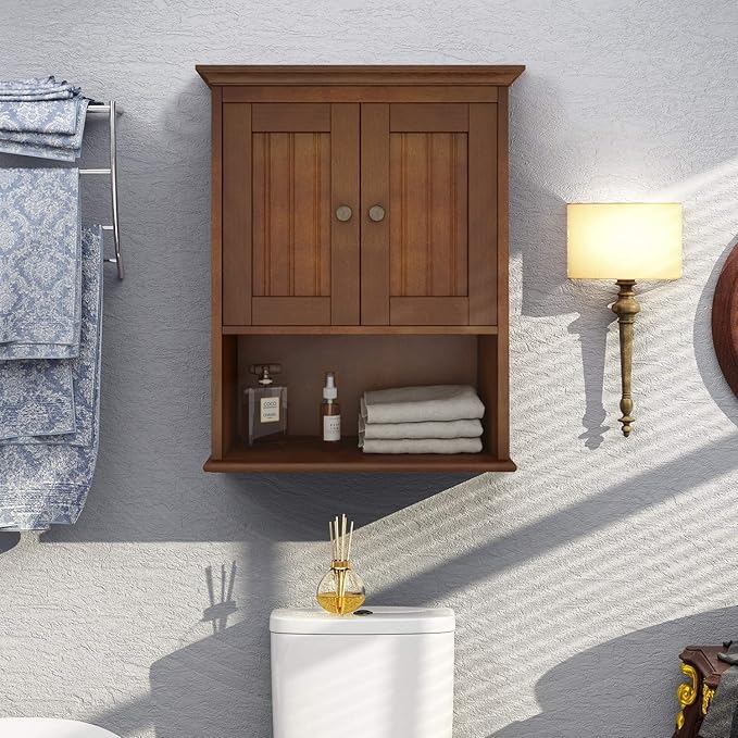 Zalorin Treocho Wood Wall Cabinet, Bathroom Medicine Cabinet Storage with Doors and Adjustable Shelf, Rustic Cabinet Wall Mounted for Bathroom, Livingroom, Kitchen, Cupboard, Reddish Brown