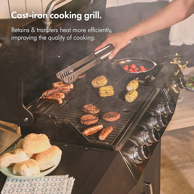 Zalorin Gas BBQ, 4+1 Burner Gas Barbecue with Warming Rack, Side Burner, Temperature Gauge, Cabinet Storage, 4 Wheels, Portable, Steel & Chrome, Grill Meat, Fish, Veg in Your Garden Outdoor Space