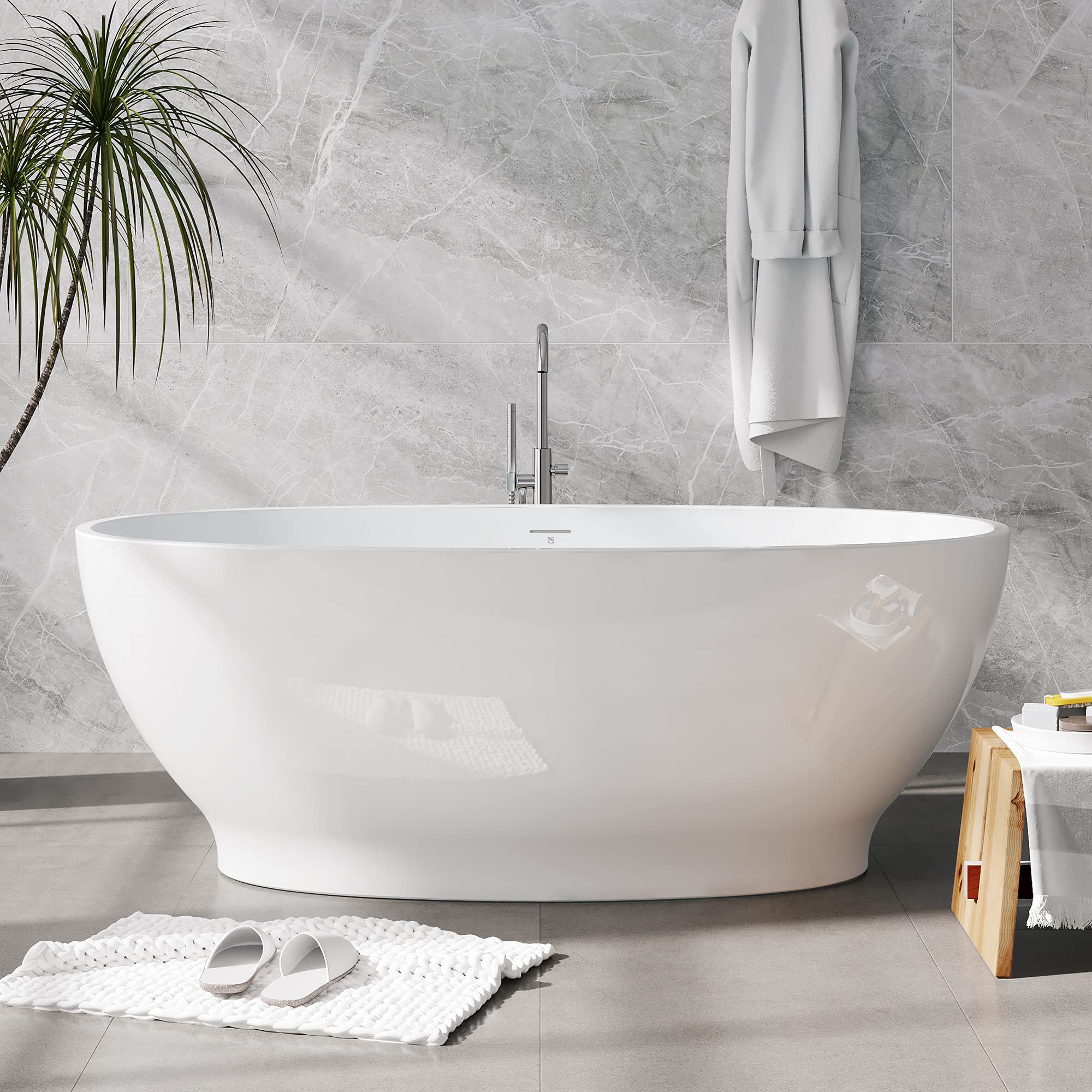 Zalorin 65" Freestanding Bathtub, Elegant Oval Shape, Double Walled Insulation Bathtub with Center Brushed Nickel Drain & Minimalist Linear Design Overflow