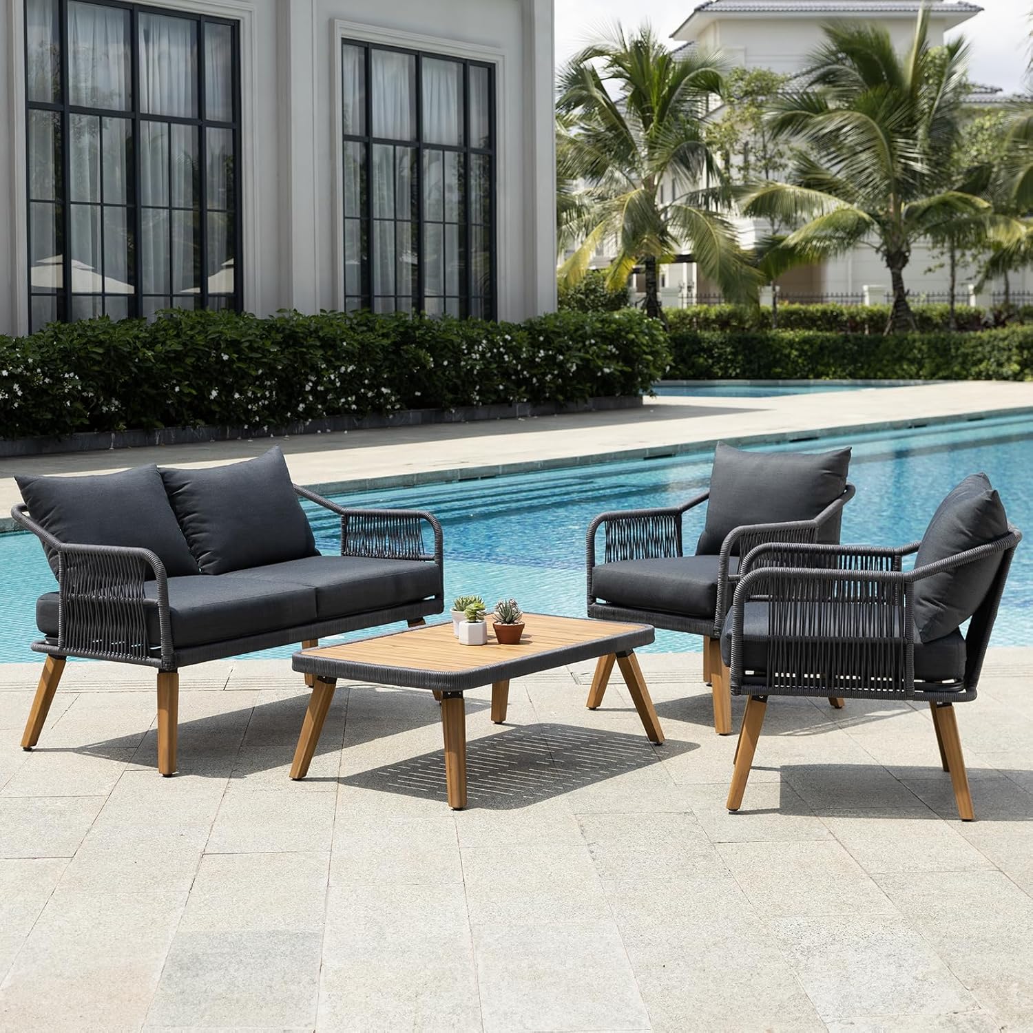 IDZO Serene Patio Conversation Sets, 800lbs Capacity FSC Certified Acacia Wood Outdoor Furniture with 3.9in Thick Soft Cushions, 4 Pieces Modern Rope_Obsidian