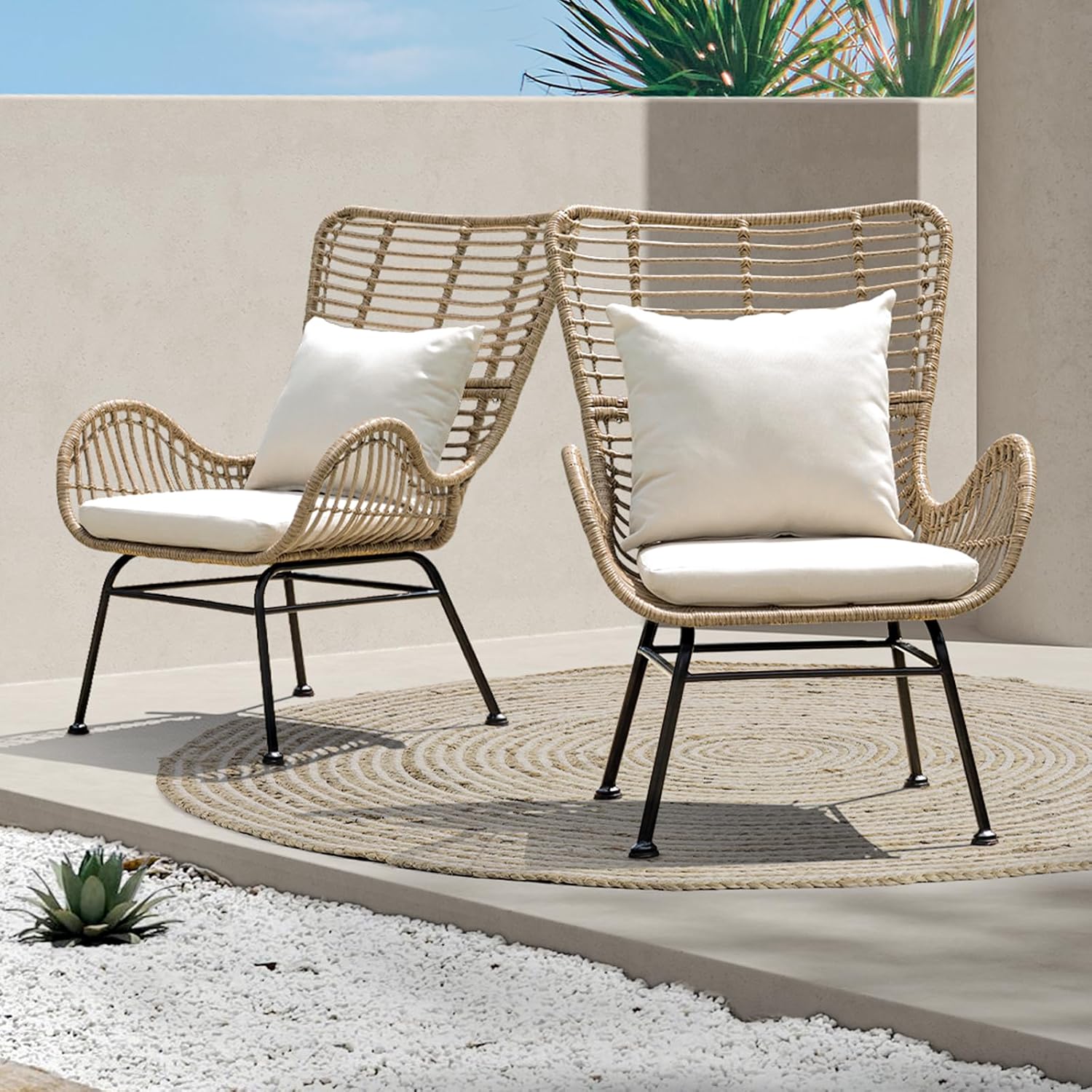 IDZO Isabelle Wicker Chairs Set of 2, 2000 Hours UV Wicker Rattan Chair, 500lbs Capacity Boho Patio Chairs with Thick Olefin Cushions and Pillows for Patio, Indoor Use