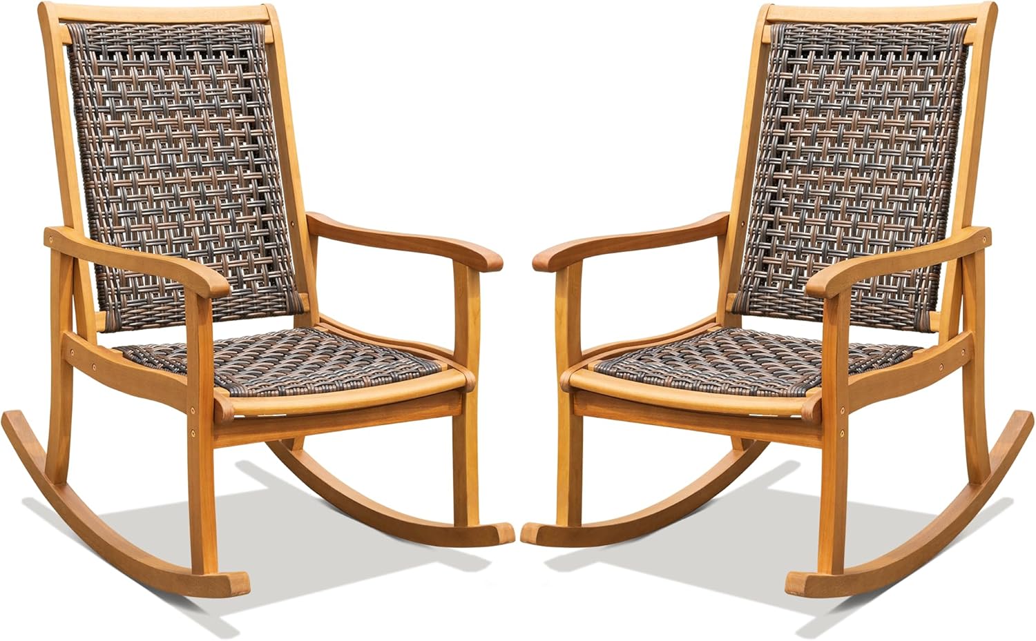 IDZO Wood Wicker Rocking Chair, 400 lbs Capacity, Durable Eucalyptus Wood, Natural Finish, Comfortable Curvy Design, Ideal for Deck, Patio Furniture, Teak Outdoor Furniture, Set of 2