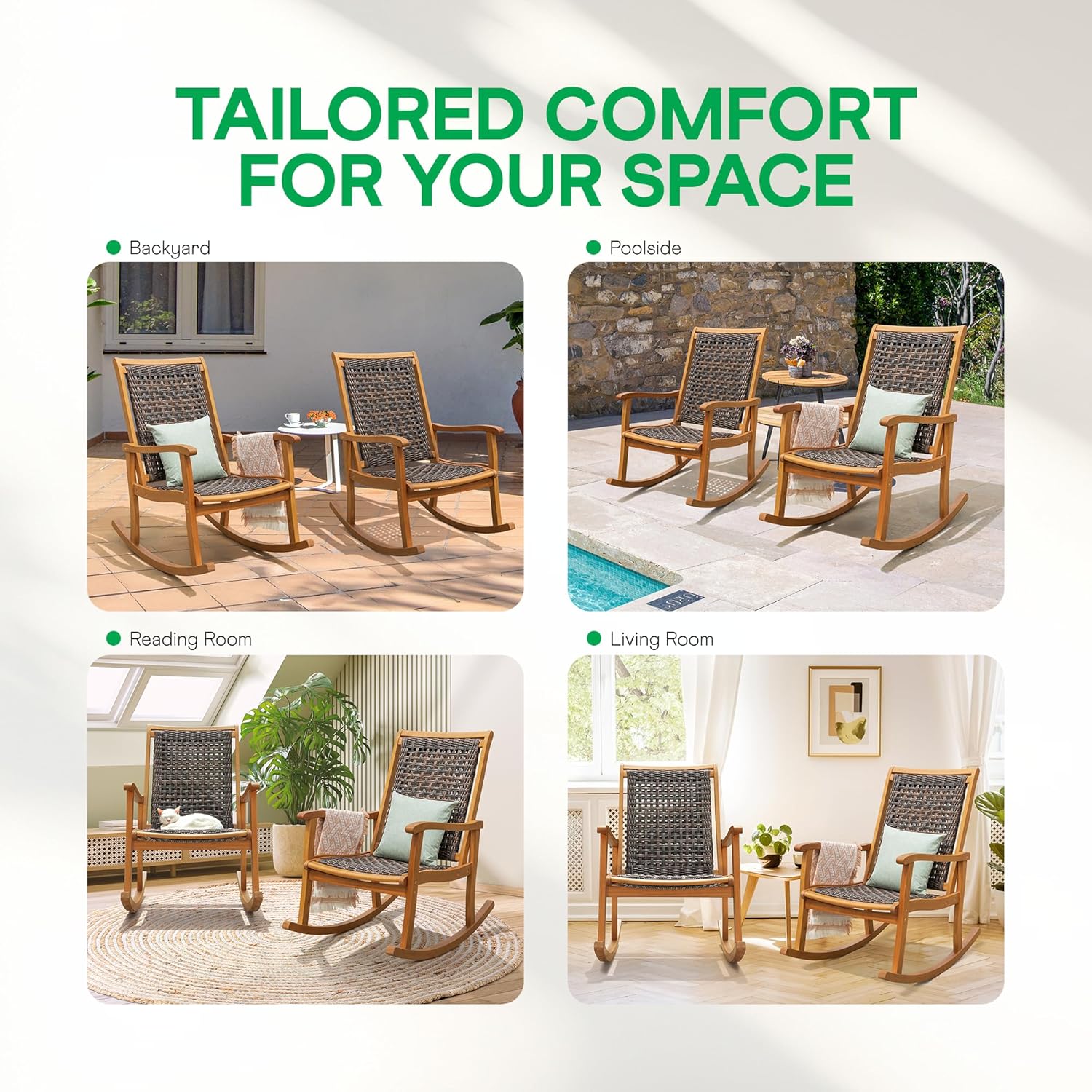 IDZO Wood Wicker Rocking Chair, 400 lbs Capacity, Durable Eucalyptus Wood, Natural Finish, Comfortable Curvy Design, Ideal for Deck, Patio Furniture, Teak Outdoor Furniture, Set of 2