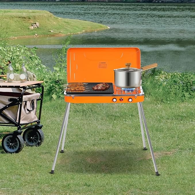 Zalorin Portable Gas Grill Cooker, Camping Stove, Outdoor Stove Portable Propane Burner Gas Cooker for Camping BBQ Picnic Camping Cooking Orange