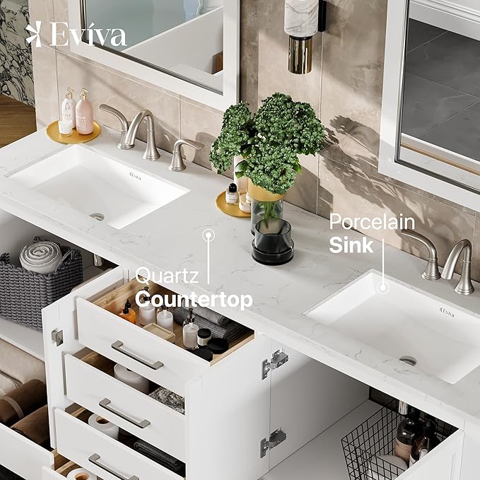 Zalorin 78 Inch Bathroom Vanity - White Double Sink with Quartz Top & Porcelain Sink Combo - Stylish 78 Vanity with Top - Luxurious Bathroom Vanity