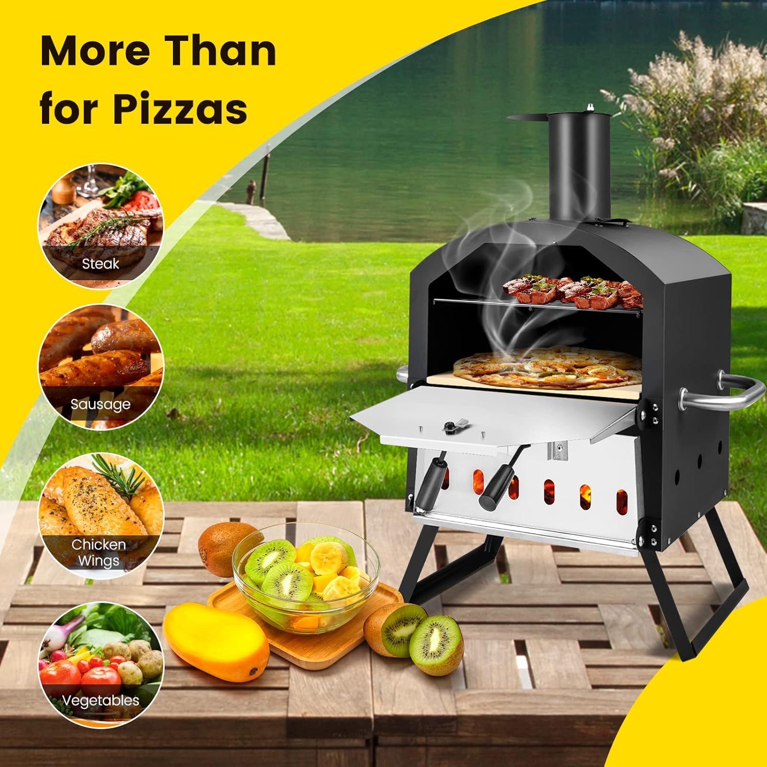 Zalorin Outdoor Pizza Oven Wood Fired, 2-Layer Pizza Maker with Pizza Stone, Pizza Peel, Removable Cooking Rack, Waterproof Cover, Folding Legs, Outside Pizza Ovens for Camping Backyard BBQ (28 Inch)