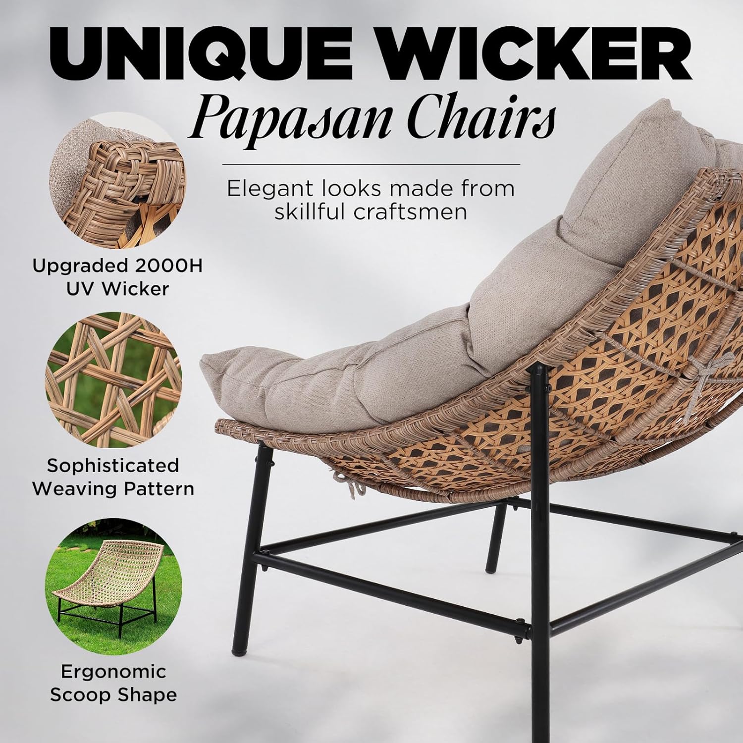 Idzo Caline Large Rattan Outdoor Papasan Chair Set of 2, Olefin Thick Cushion, Upgraded 2000Hrs UV Resistant Wicker, 500lbs Capacity Patio Scoop Design