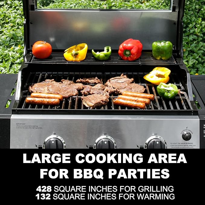 Zalorin Liquid Propane Gas Grill, Stainless Steel BBQ Grill High Performance 3 Burners with Side Burner, 48,000 BTU Cart Style Perfect Patio Garden Picnic Backyard Barbecue Grill.