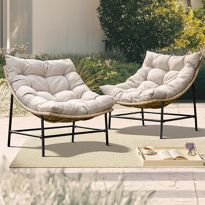Idzo Caline Large Rattan Outdoor Papasan Chair Set of 2, Olefin Thick Cushion, Upgraded 2000Hrs UV Resistant Wicker, 500lbs Capacity Patio Scoop Design