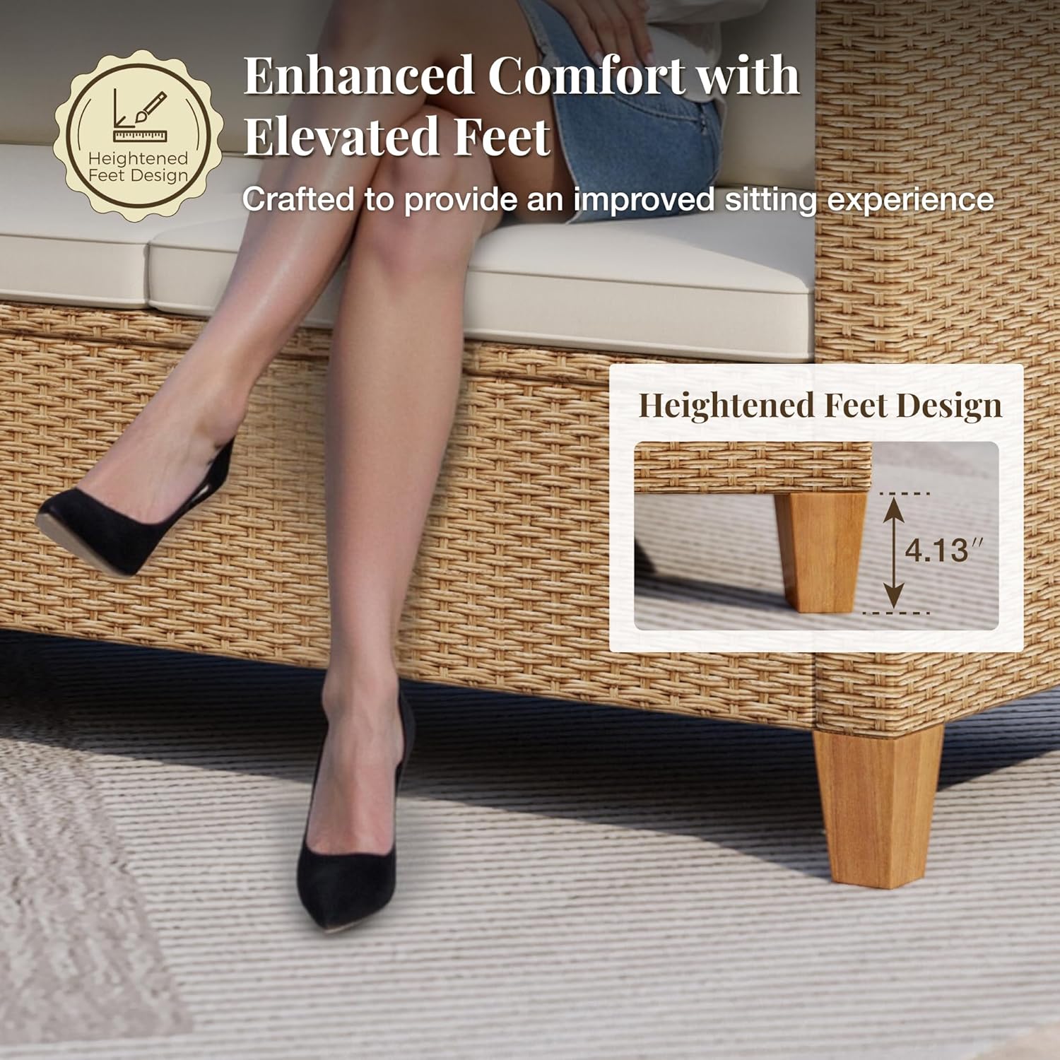 IDZO Wicker Outdoor Patio Furniture Set 3 Pieces Patio Chaise Longue Conversation Set, Rattan L-Shaped Sofa Couch with Acacia Wood Coffee Table for Deck Porch and Garden