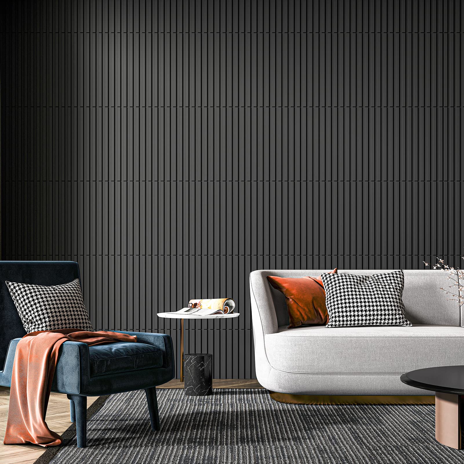 ZalorinSlat Wall Panel, 3D Fluted Textured Panel 12-Tile 19.7 x 19.7in. - Black
