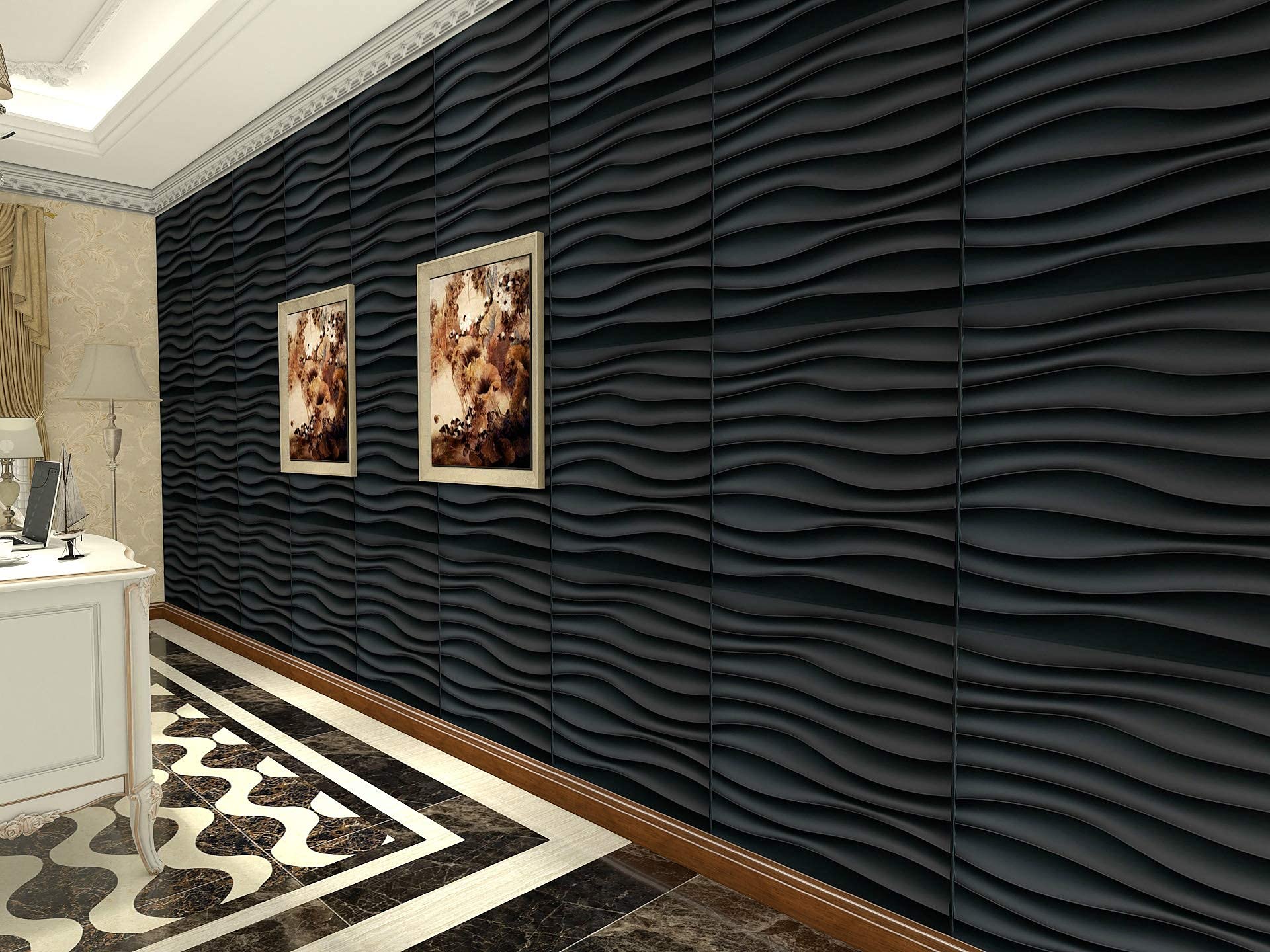 Zalorin PVC Wave Panels for Interior Wall Decor, Black Textured 3D Wall Tiles, 19.7" x 19.7" (12 Pack)