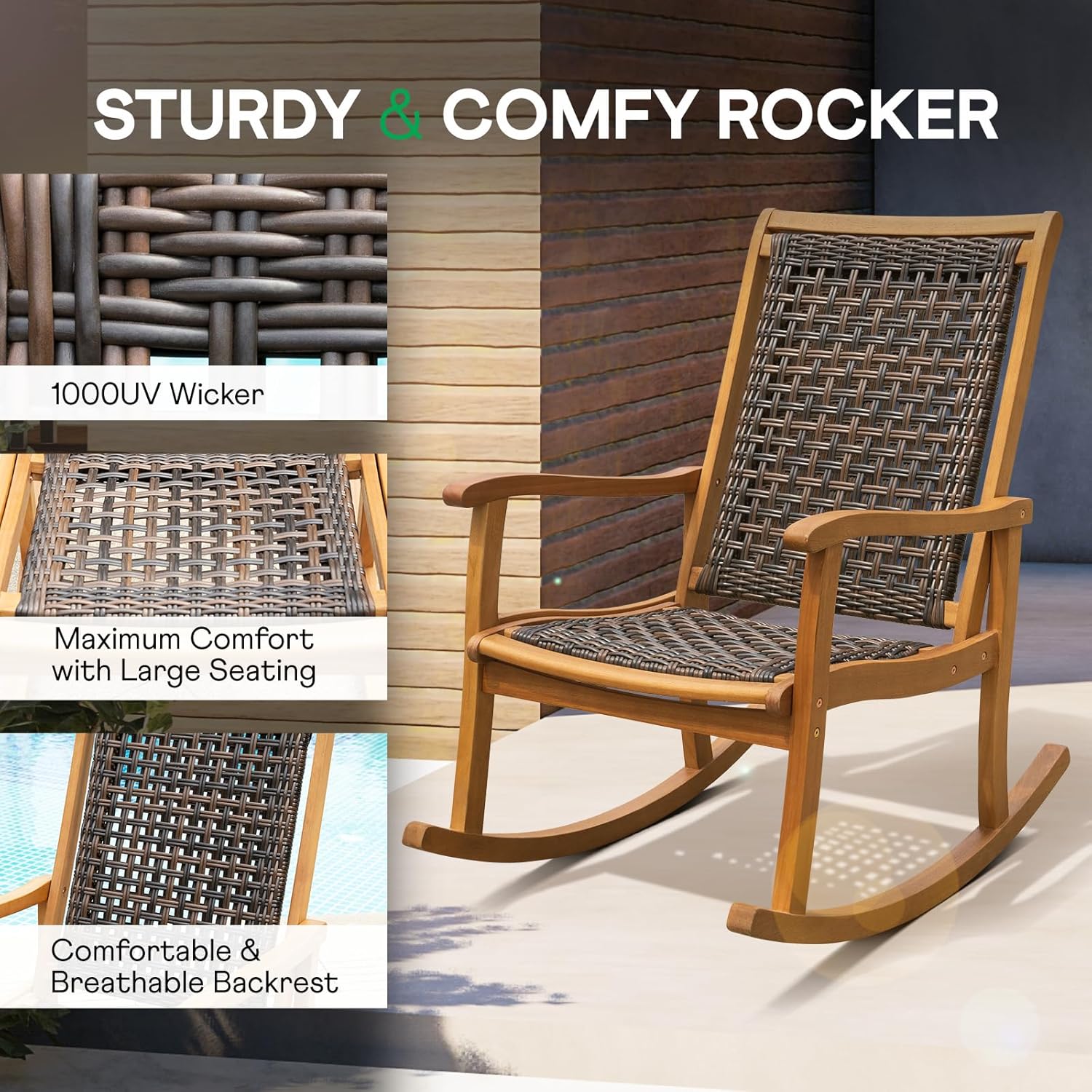 IDZO Wood Wicker Rocking Chair, 400 lbs Capacity, Durable Eucalyptus Wood, Natural Finish, Comfortable Curvy Design, Ideal for Deck, Patio Furniture, Teak Outdoor Furniture, Set of 2