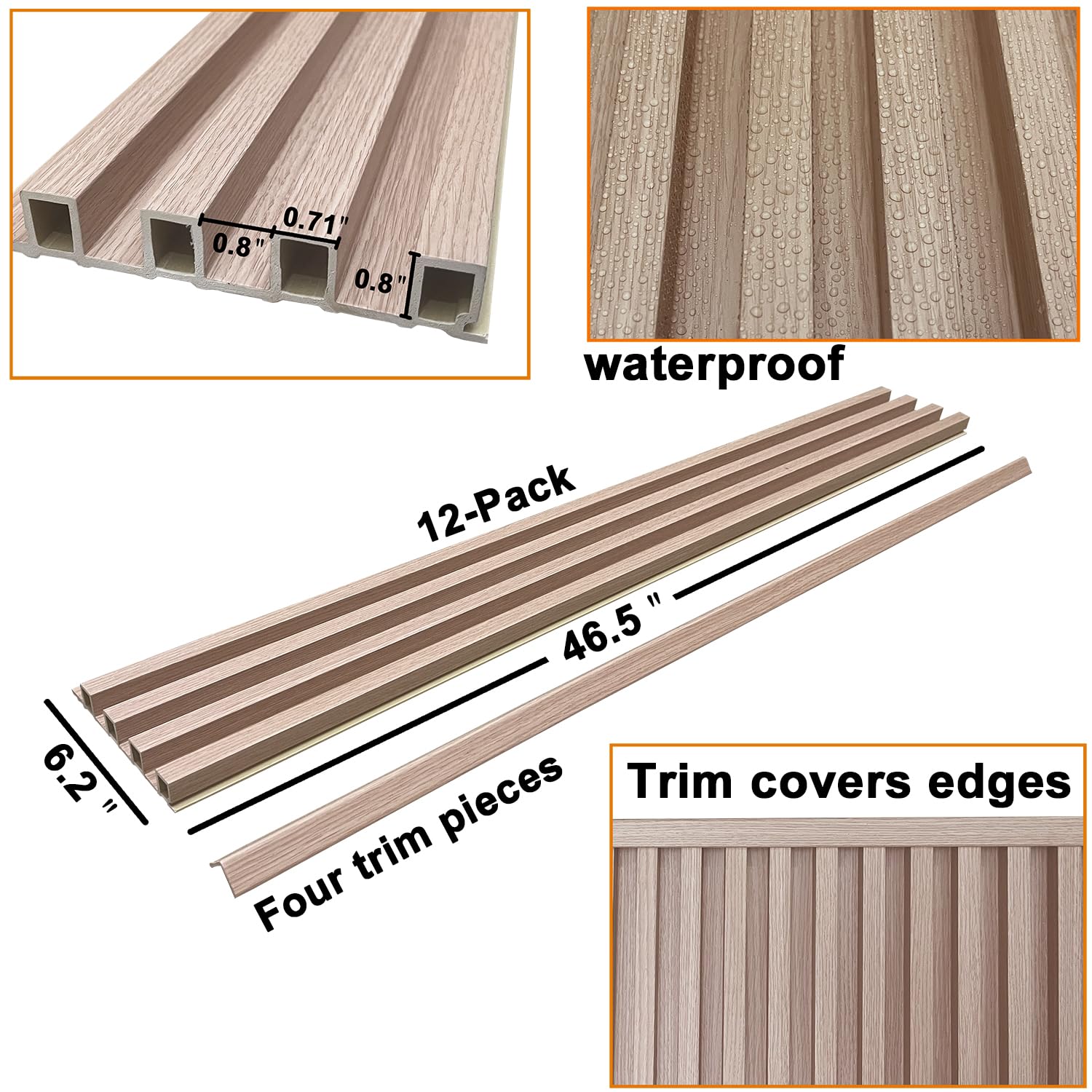 Zalorin12-Pack Slat Wall Panel 3D WPC Grille for Walls Embossed White Oak Textured Wood Plastic Composite Panel Wood Strip Texture 3D Wall Panels